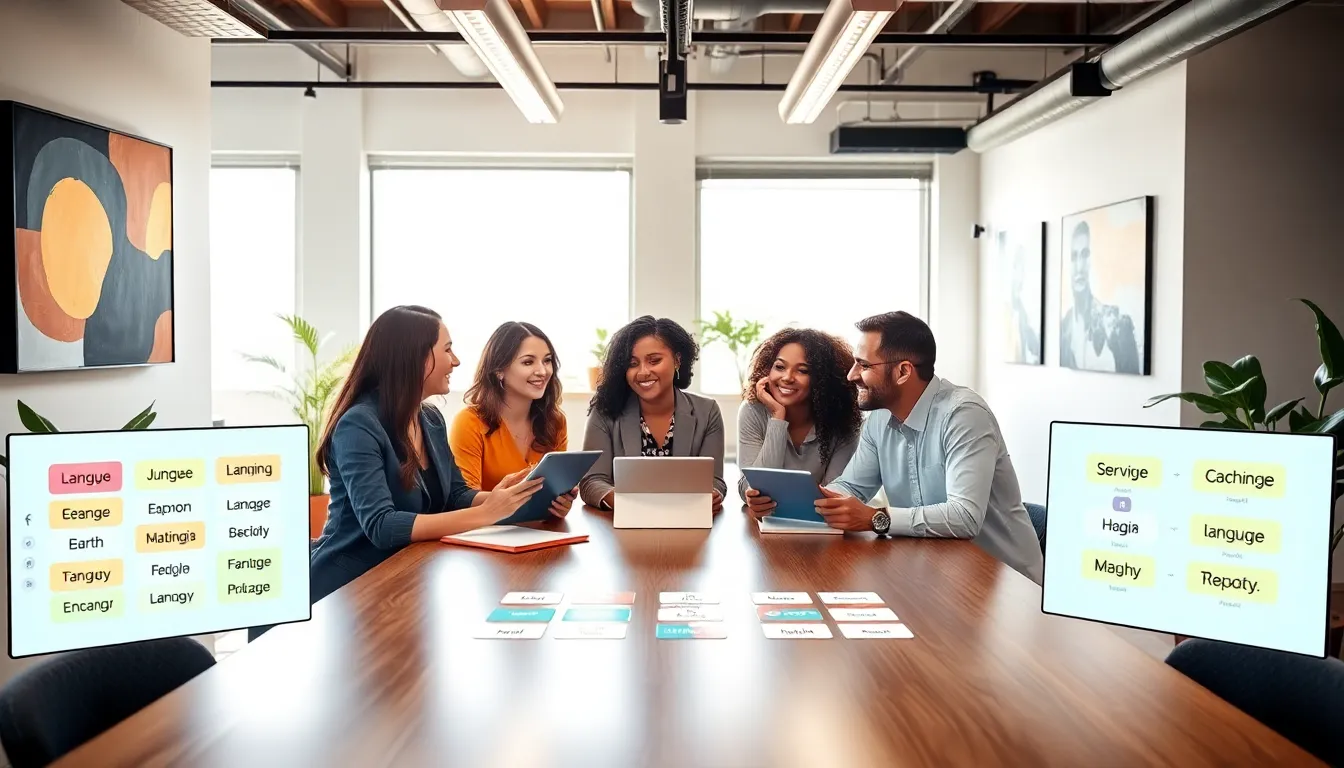 diverse team engaged in language learning discussion in a modern office.