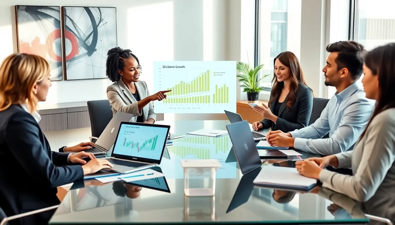 diverse team discussing dividend growth investing in a modern office.