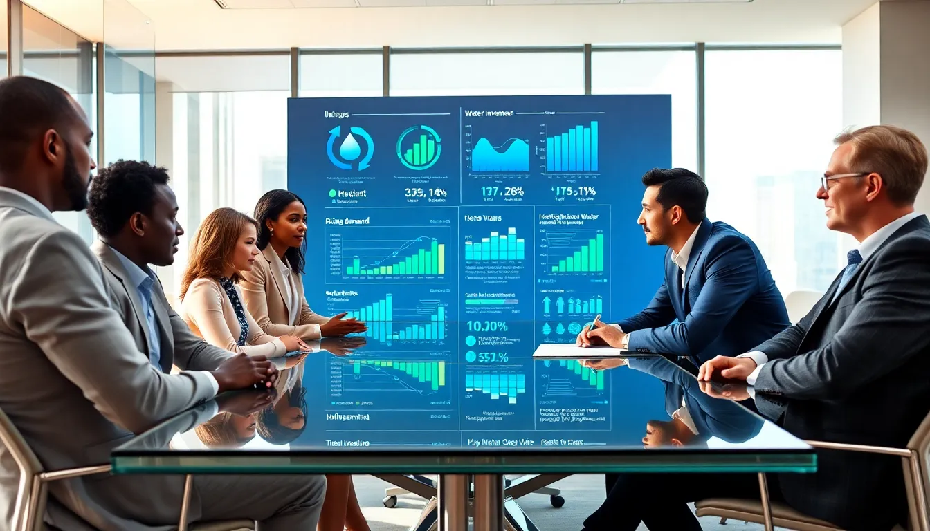 diverse team discussing water investments in a modern office setting.