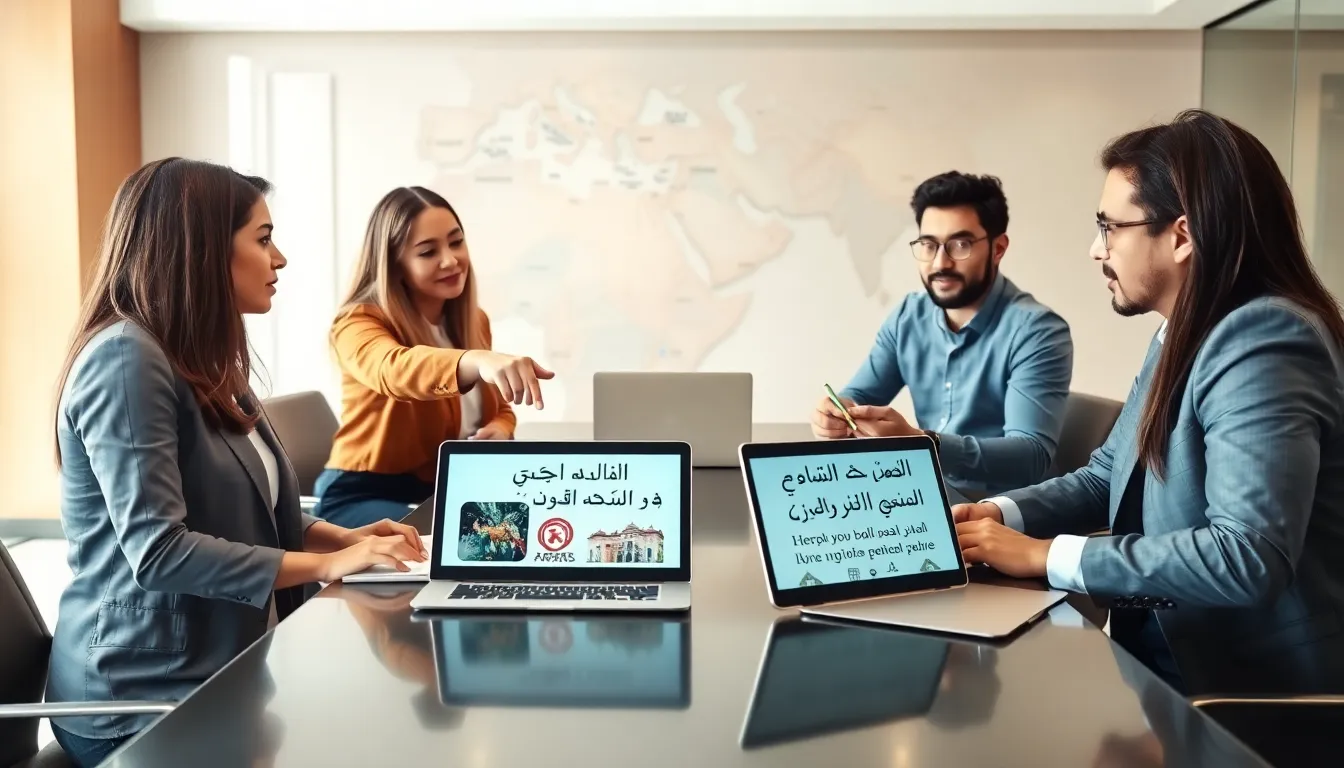 diverse professionals collaborating on Arabic language learning in a modern office.