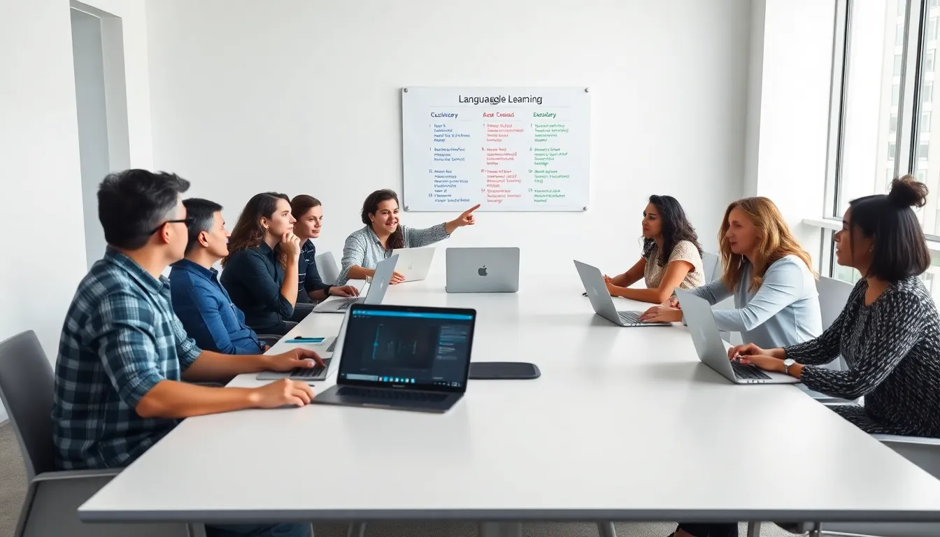 diverse learners engaged in language learning around a modern conference table.