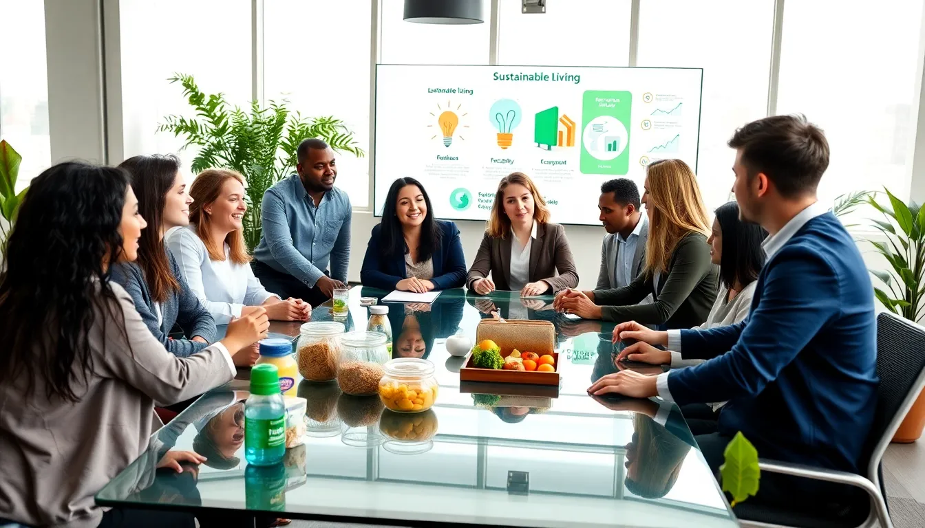 professionals discussing sustainable living in a modern office.