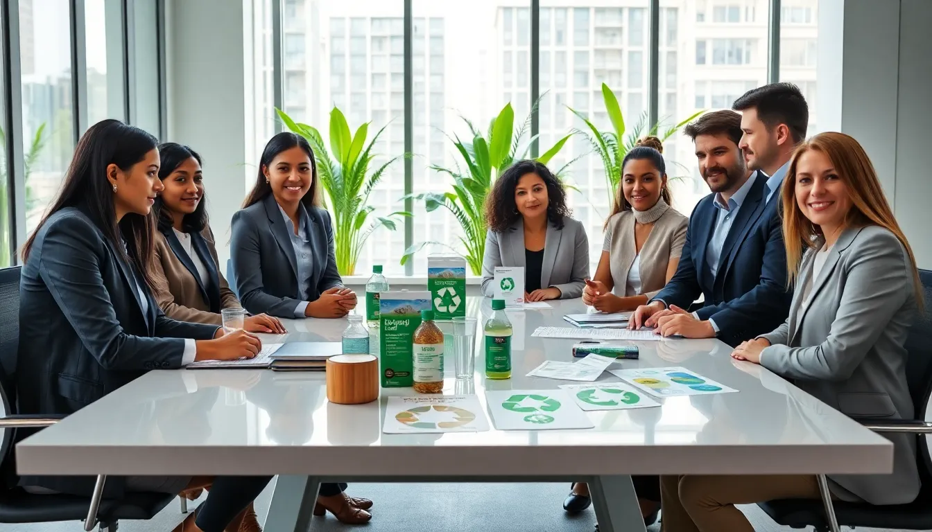 professionals discussing sustainable living in a modern office setting.