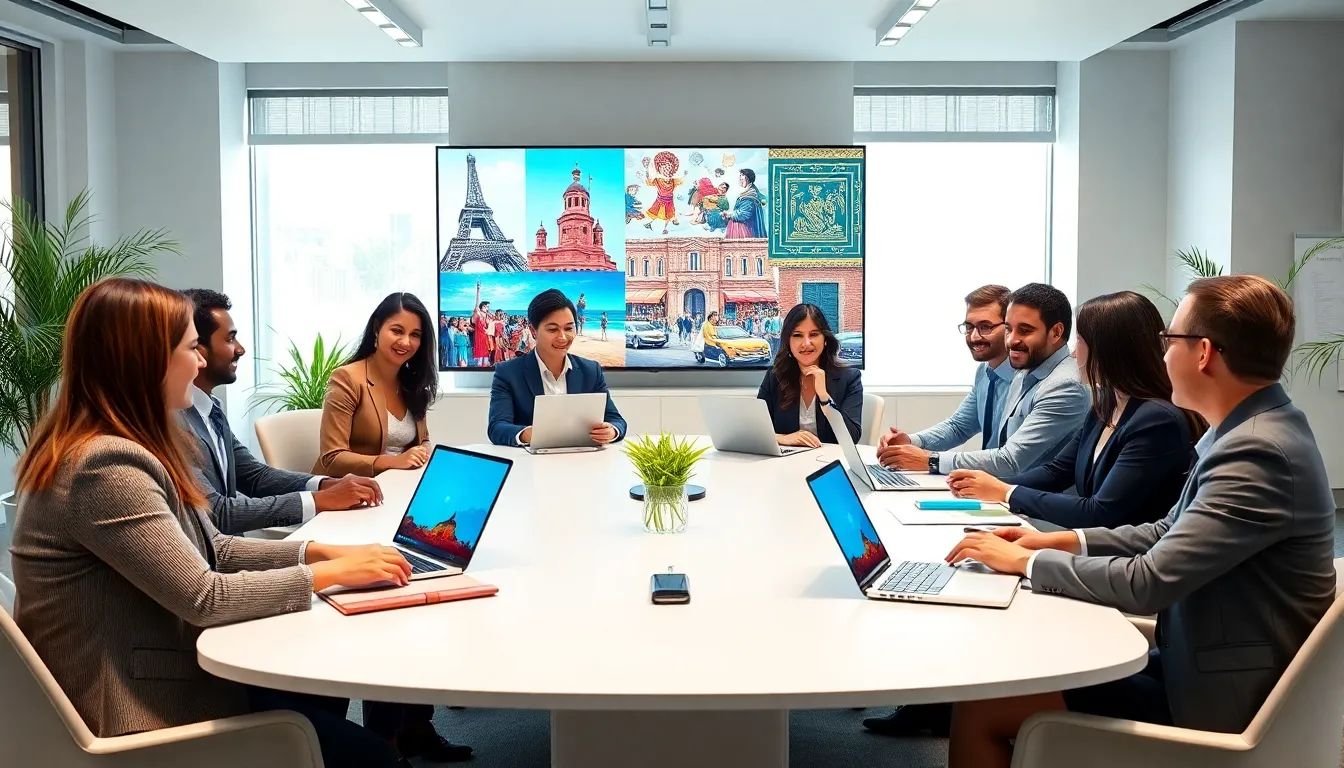 diverse team discussing Spanish language learning resources in a modern office.