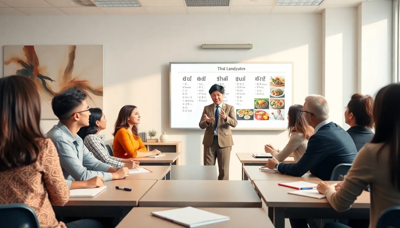 diverse adults learning Thai in a modern classroom setting.