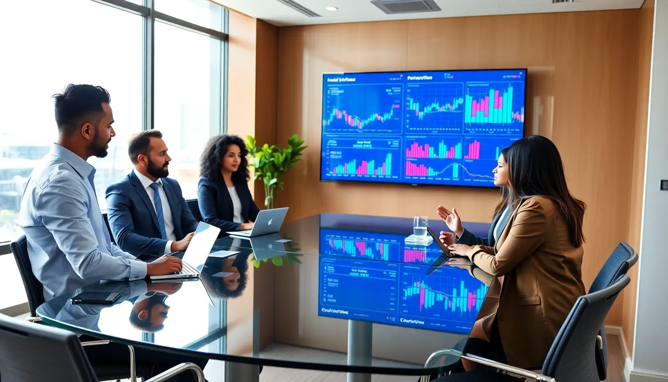 diverse team discussing investment strategies in a modern office