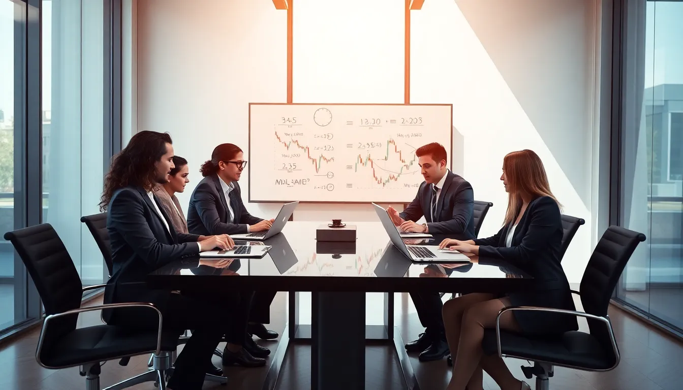 diverse investors discussing magic formula investing in a modern office.